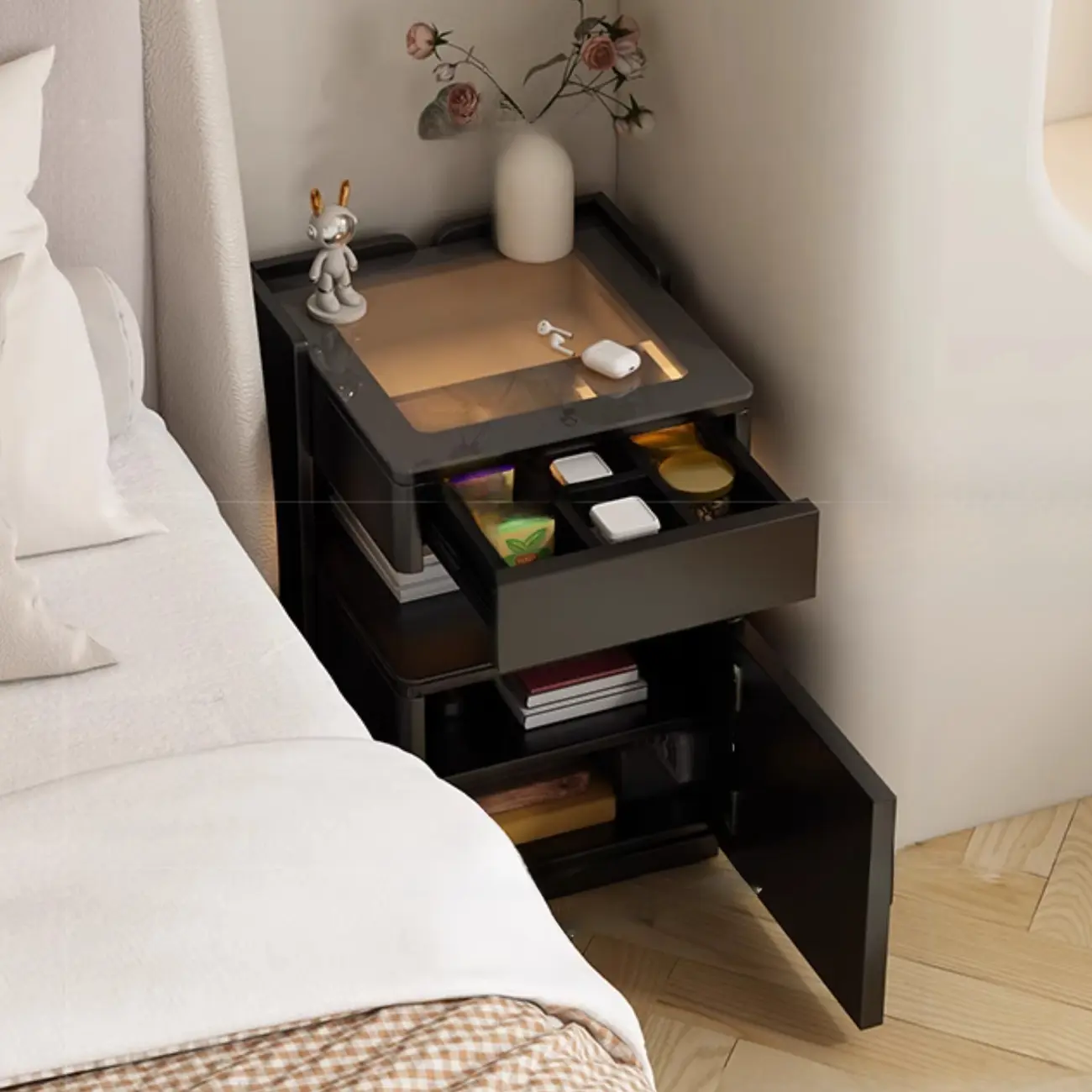Modern Black Glass Top Drawer USB Nightstand with Cabinet