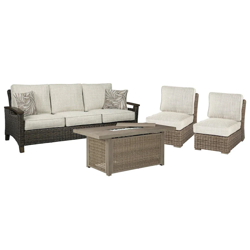 Signature Design by Ashley Beachcroft Brown/Beige Outdoor Sofa, Lounge Chairs and Fire Pit - 83 W x 37 D x 36 H