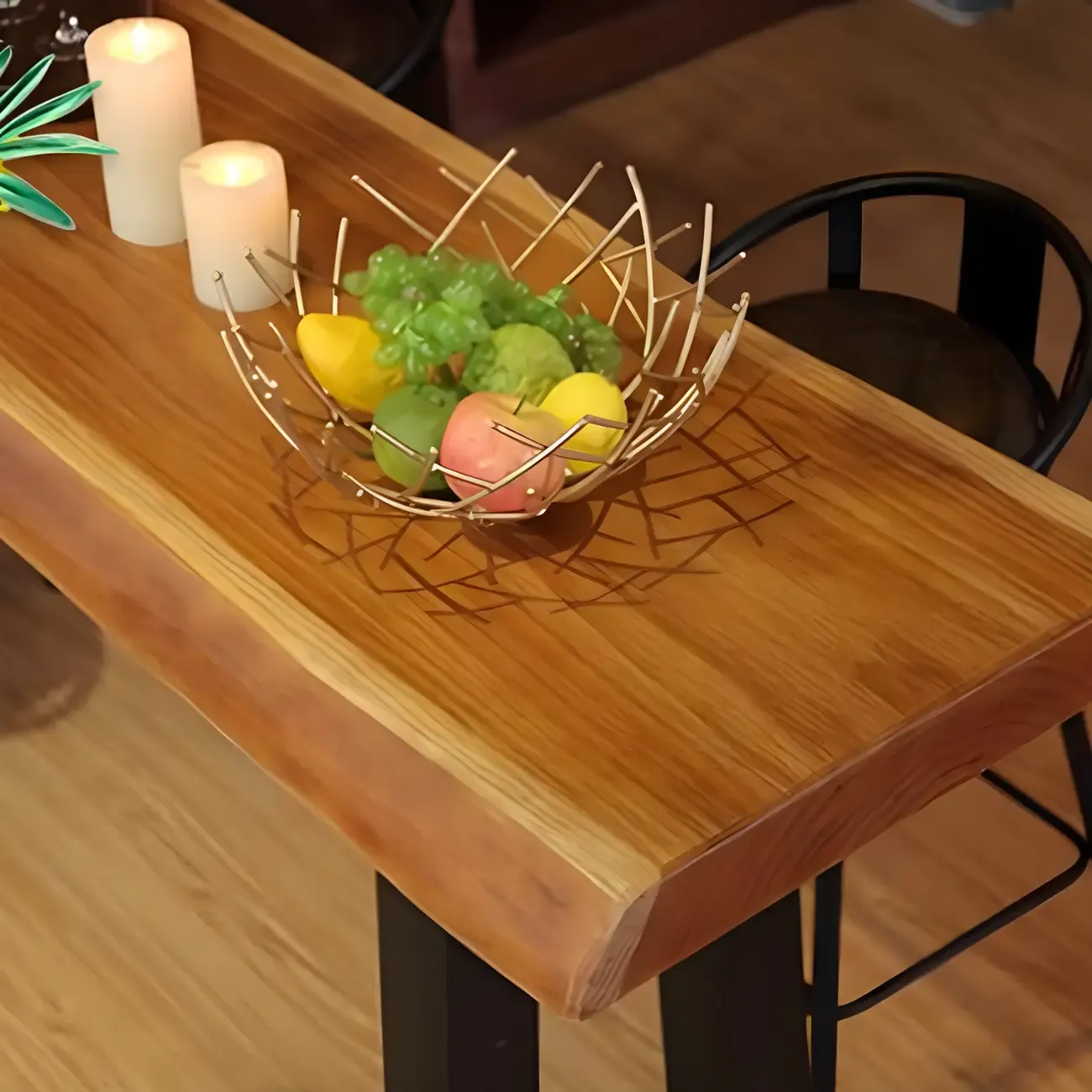 Industrial Brown Pine Rectangular Bar Table with Metal Sled Base