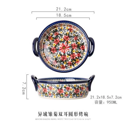 HULIANFU Krusoal Retro Ceramic Handle Salad Bowl Household Oven Breakfast Bake Pan Microwave Bohemia Binaural Soup In-glaze Tableware - Deanwangkt