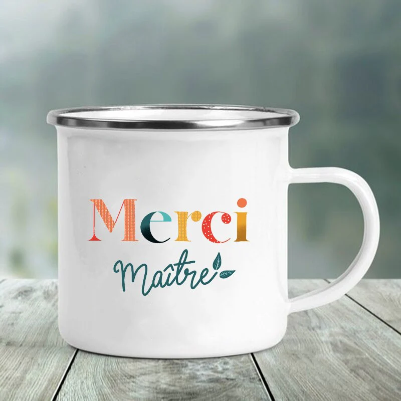 HULIANFU Merci Maître Print Mugs Creative Coffee Cups Drinks Water Milk Tea Cup Enamel Mug School Home Handle Drinkware Best Teacher Gift - Deanwangkt