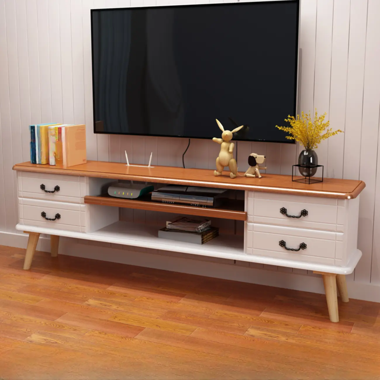 Living Room Wood Brown-White Cable Management TV Stand