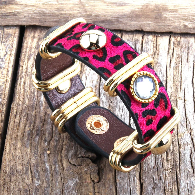 HULIANFU RH Fashion Boho Leather Armbander Goldcolor Metal Rectangle Real Leopard Horsetail Leather Bracelets For Women Gift DropShip - Deanwangkt