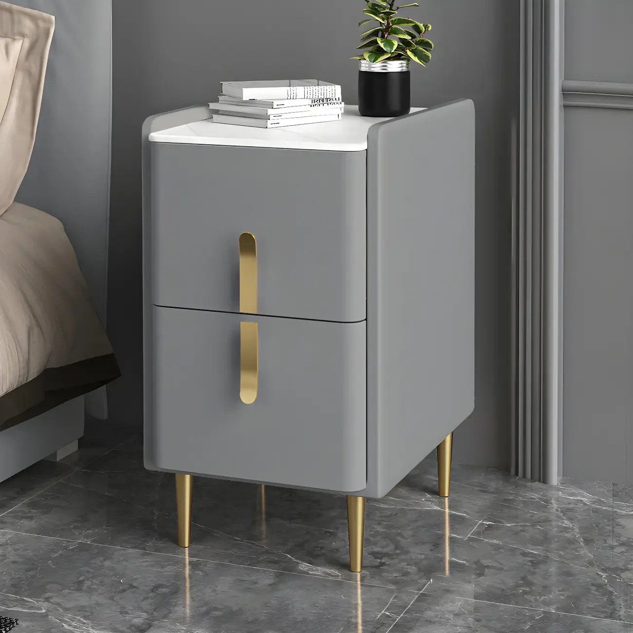 Glam Night Table with 2 Drawers – Off-White Finish