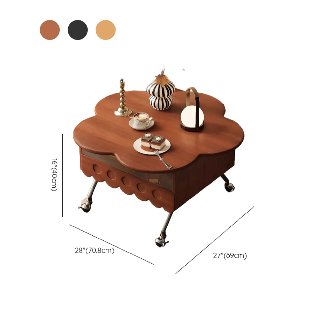 Adjustable Walnut Wood Flower Shaped Coffee Table with Wheels