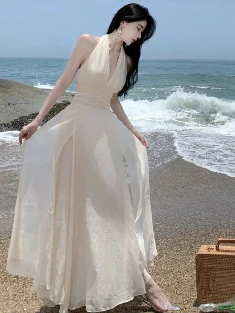 Summer Sleeveless Halter Long White Maxi Dress Elegant Tight Waist V-neck Beach Dress Robes Du Soir Evening Dresses Wedding Prom - Deanwangkt