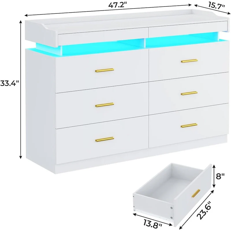 6 Drawer Dresser 2 Pull-Out Tray LED Light Chest of Drawers