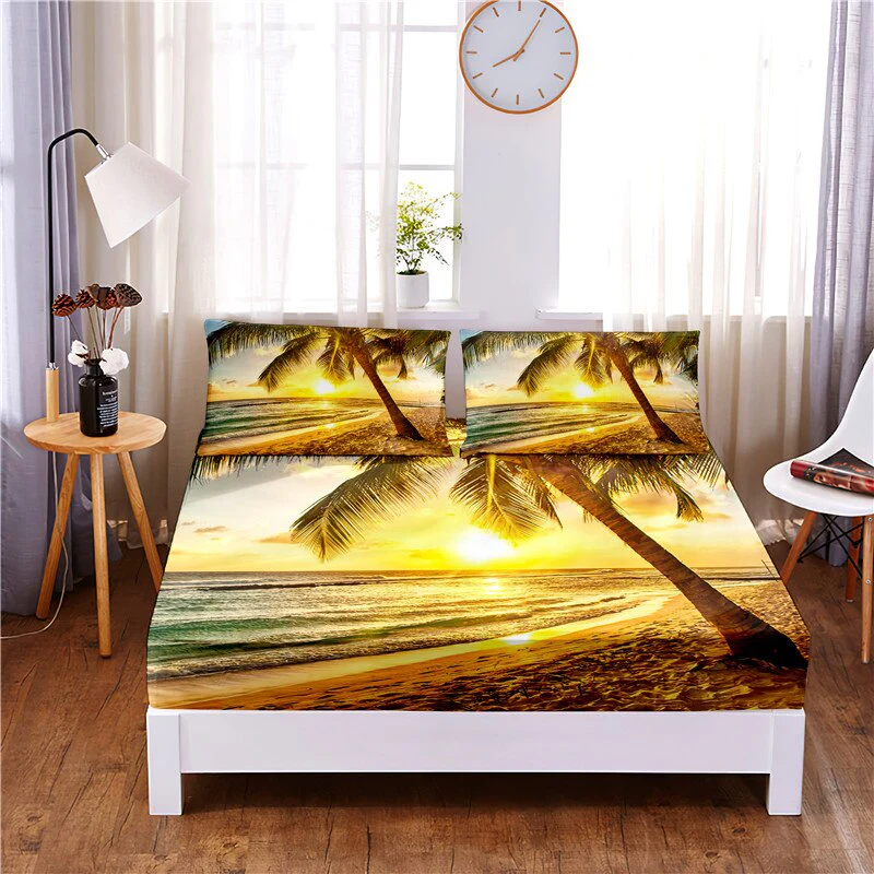 HULIANFU Sunset Beach Digital Printed 3pc Polyester  Fitted Sheet Mattress Cover Four Corners with Elastic Band Bed Sheet Pillowcases - Deanwangkt