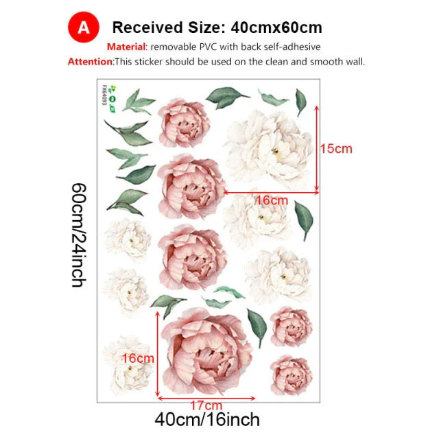 HULIANFU Pink White Watercolor Peony Flowers Wall Stickers for Kids Room Living Room Bedroom Home Decoration Wall Decal Home Decor Floral - Deanwangkt