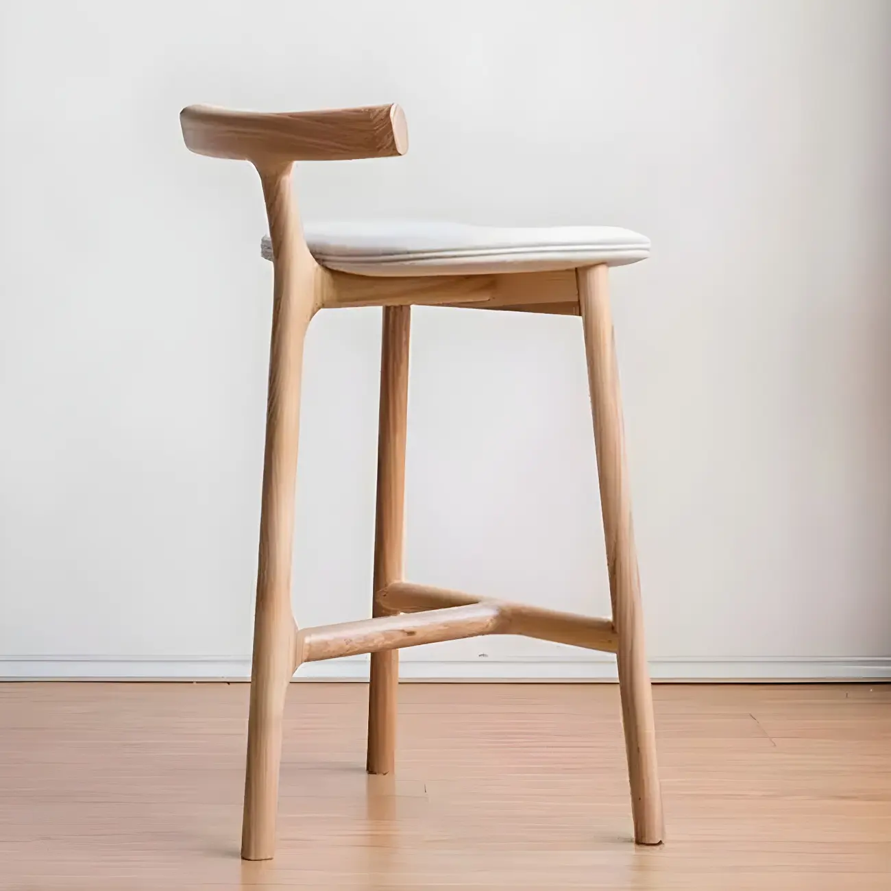 Natural Tripod Ash Wood Fabric Armless Bar Stool