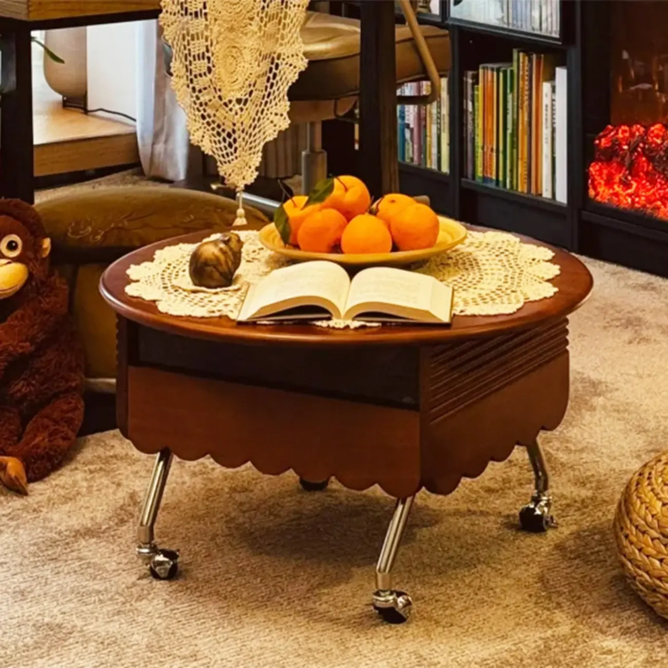 Adjustable Walnut Wood Flower Shaped Coffee Table with Wheels