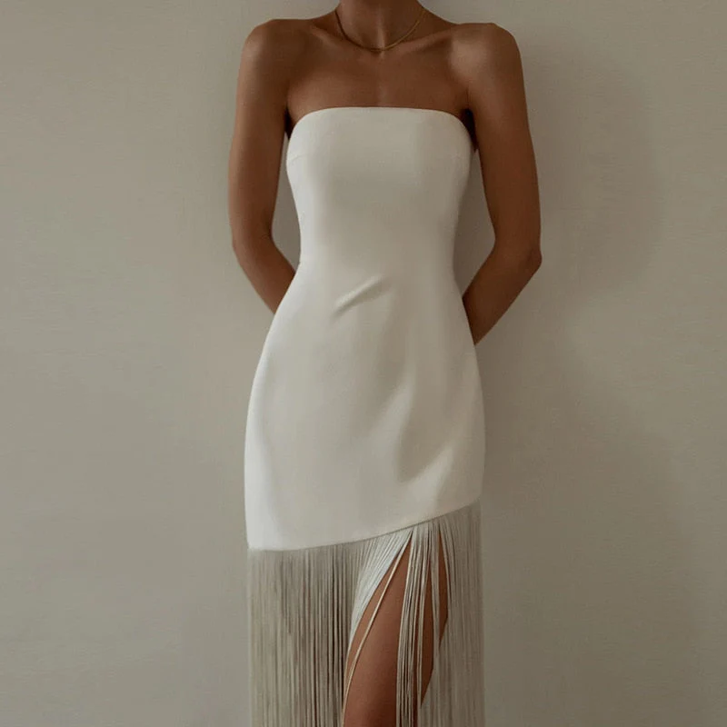 hulianfu Summer Fashion Black Tassel Sexy Tube Top Dress Outfits Women Elegant Evening Party Club Slit Bodycon Mini Dresses  Clothes - Deanwangkt