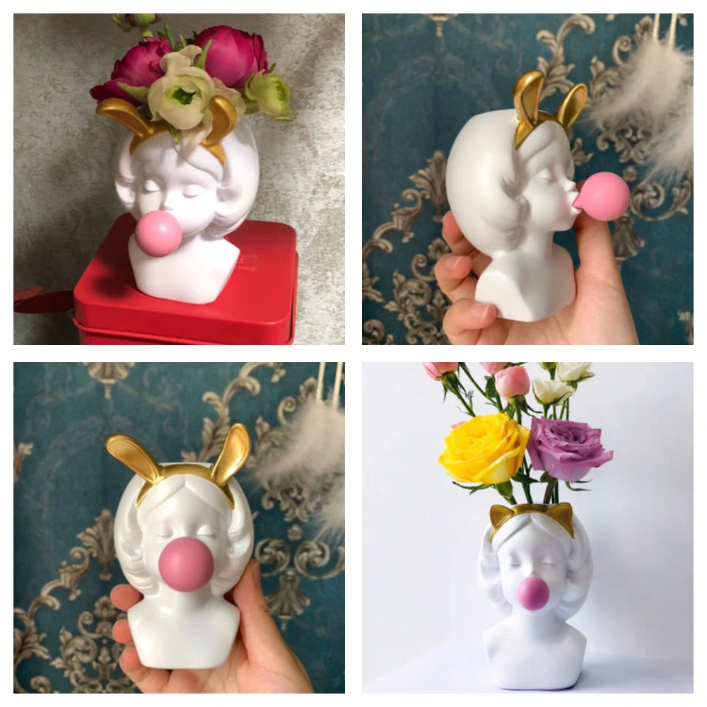 HULIANFU Resin Vase Nordic Modern Home Decoration Cute Girl Blowing Bubbles Decorative Head Carving Flower Vases Pen Holder Vase Flowers - Deanwangkt