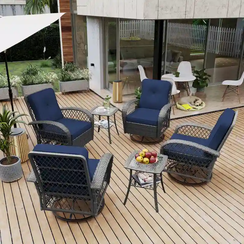 UPHA 6-Piece Patio Outdoor Wicker Swivel Rocking Chair Set with Side Table and Cushions