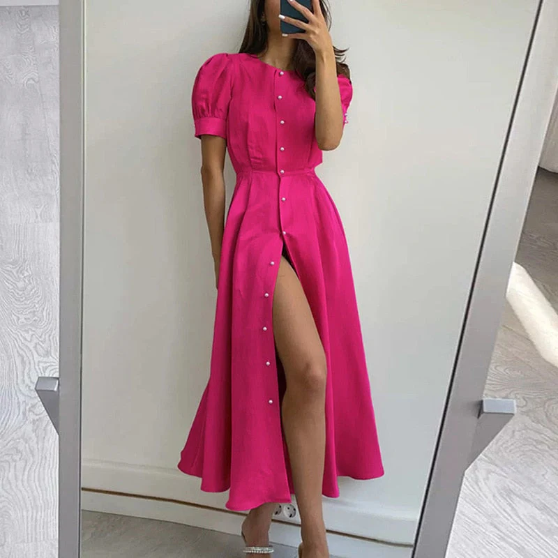 Hulianfu Women's Summer Long Dress Slit 2026  Orange Elegant Short Sleeve Maxi Dresses Office Ladies Buttons Holiday Shirt Dress For Women - Deanwangkt