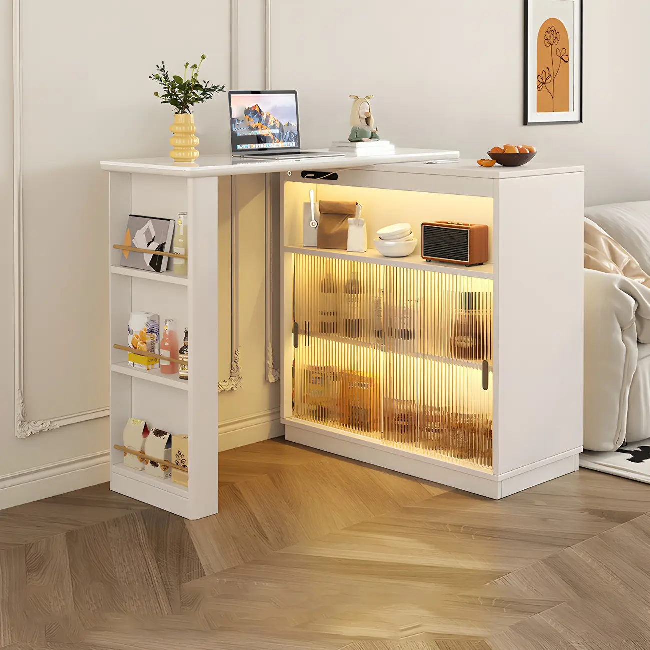 Natural Wood Glass Storage Socket Extendable Bar Tables