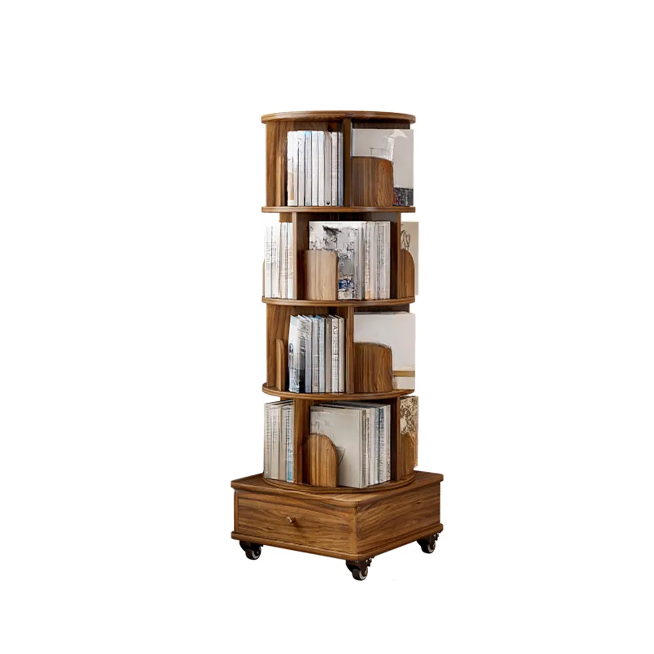 Narrow Wood 5-Tier Revolver Sliding Bookcase with Drawer