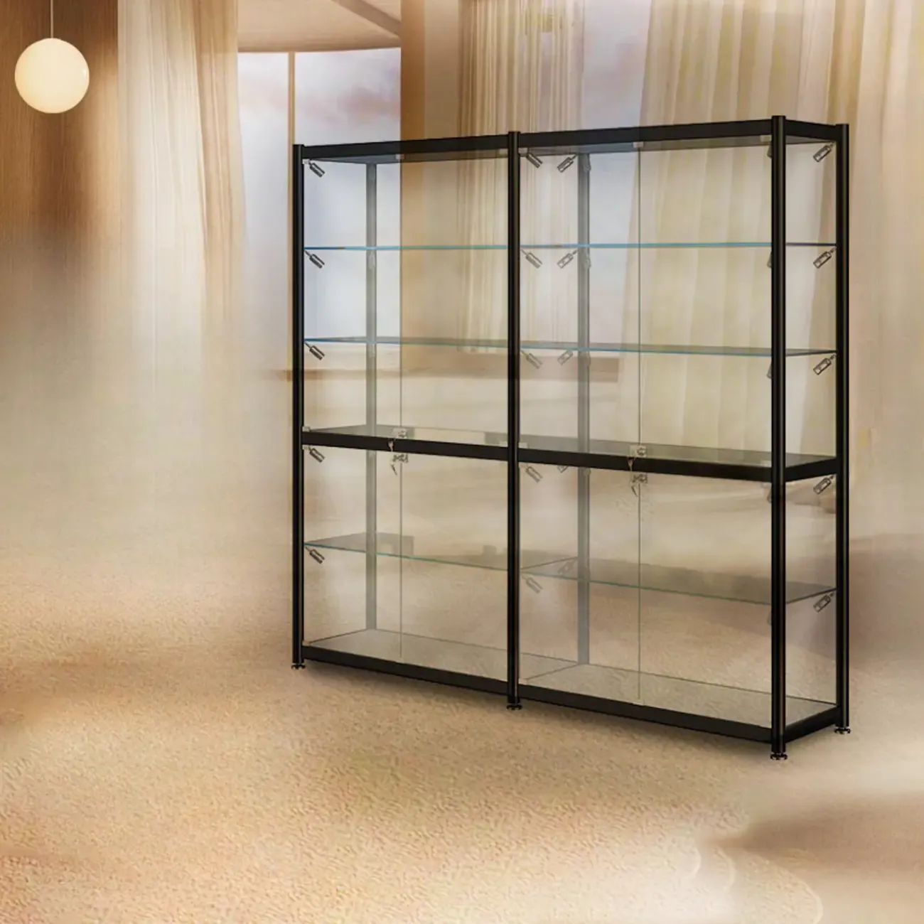 Modern Black Clear Glass LED Adjustable Display Cabinet