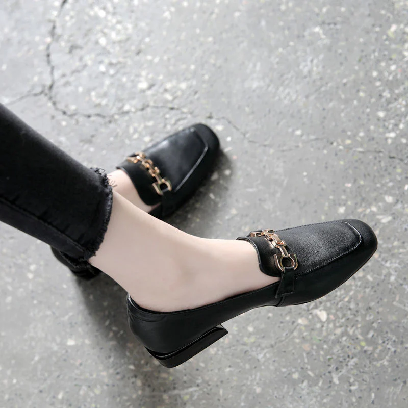 Women All-match Square Head Thick Heel Shallow Mouth Flat British Small Leather Shoes Ladies Soft Leather Non-slip Loafers - Deanwangkt