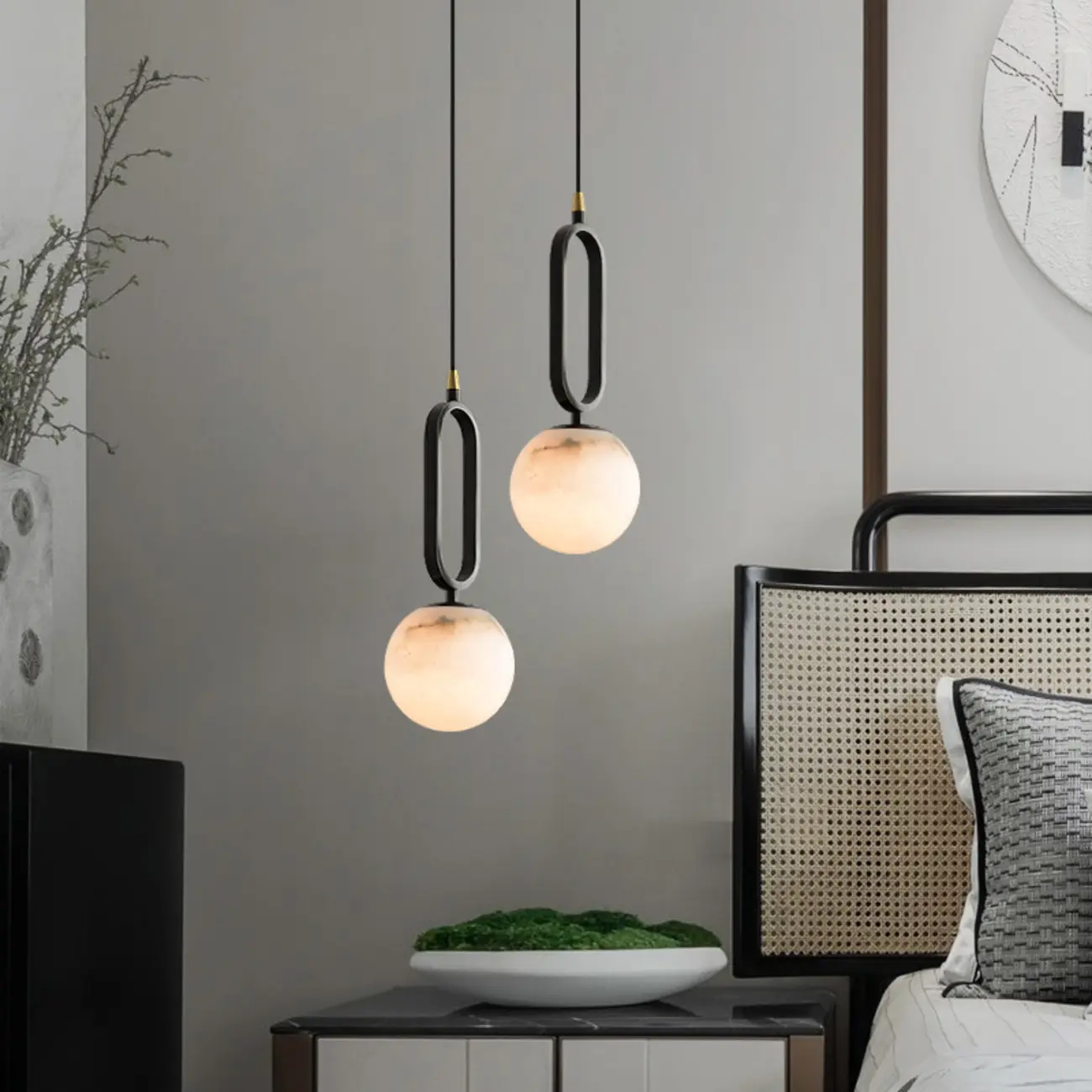 Modern Black Metal Stone Globe Bi-pin Pendant Light