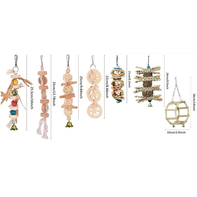 HULIANFU Parrot Swing Chewing Toy Wooden Bird Toys 7 Pcs Small Parrot Chewing Toy Kit Perfect Wooden Bird Toy For Small Parrots Conures - Deanwangkt