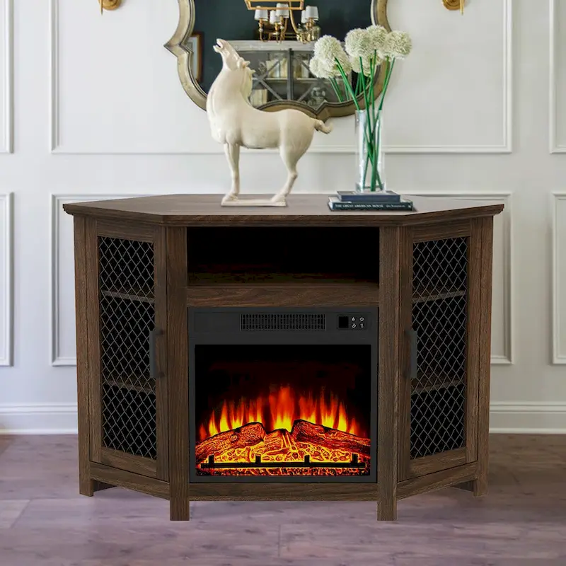 45 Industrial Corner Electric Fireplace TV Stands with 2 Metal Mesh Doors and Remote
