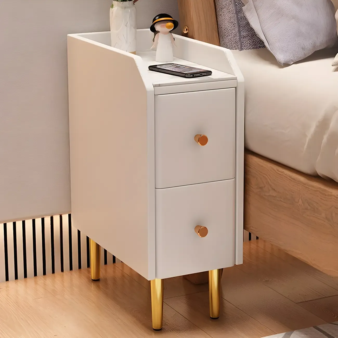 Narrow Faux Leather Drawer Nightstand with Stone Countertop