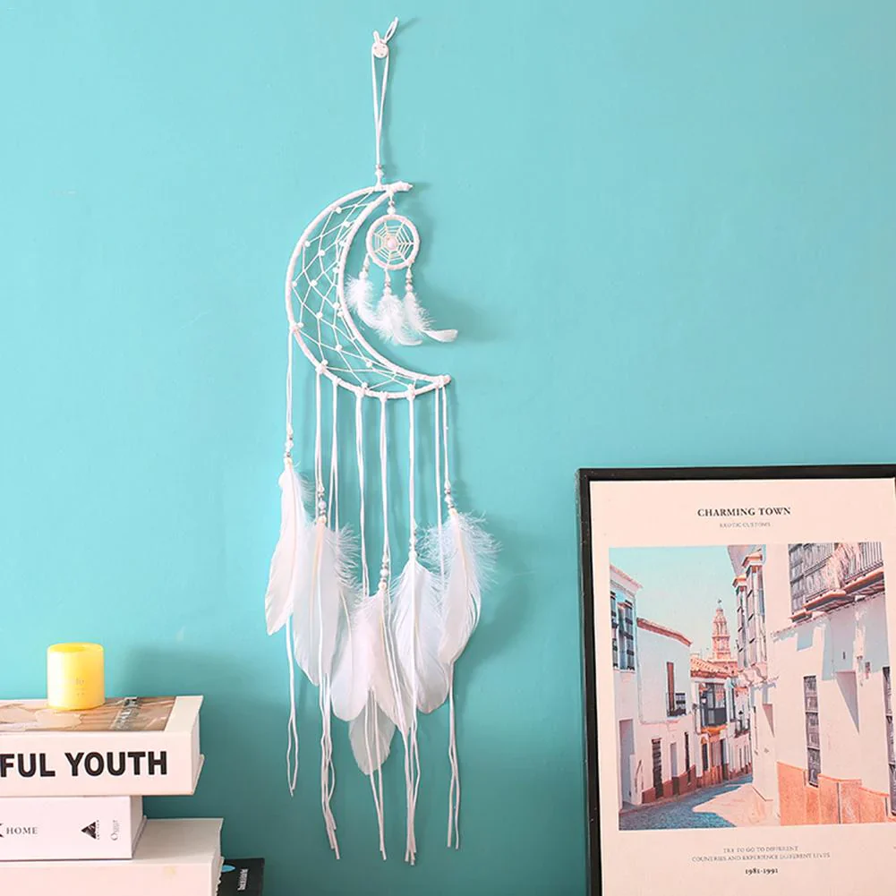 HULIANFU New Indian Style Dreamcatcher Moon Handmade Wind Chimes Wall Ornament Girls Room Decoration Feather Dream Catcher - Deanwangkt