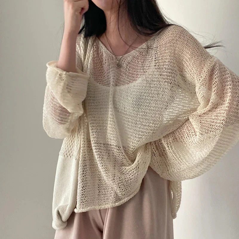 maoxiangshop- Full Sleeves Pullovers Hollow Out Sweaters Tops Sexy Women Fashion Casual Streetwear Chic Female Losse Sweaters Korean style