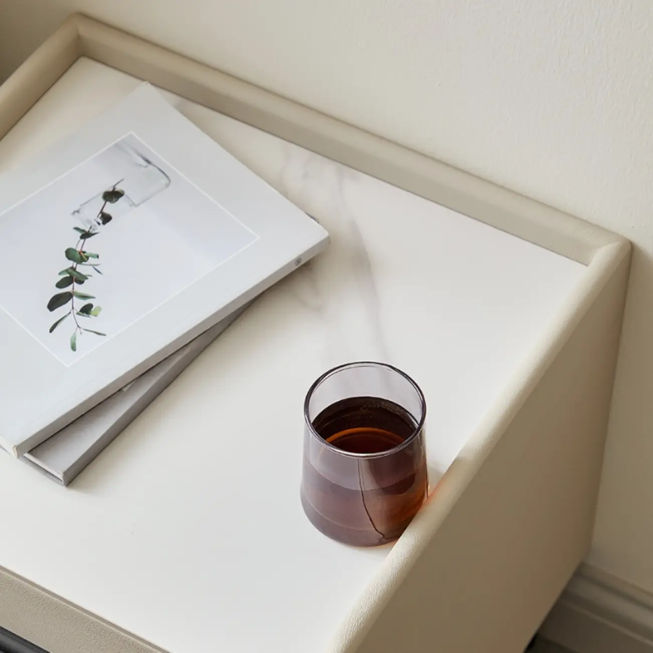 Elegant Modern Faux Leather Stone Top Nightstand