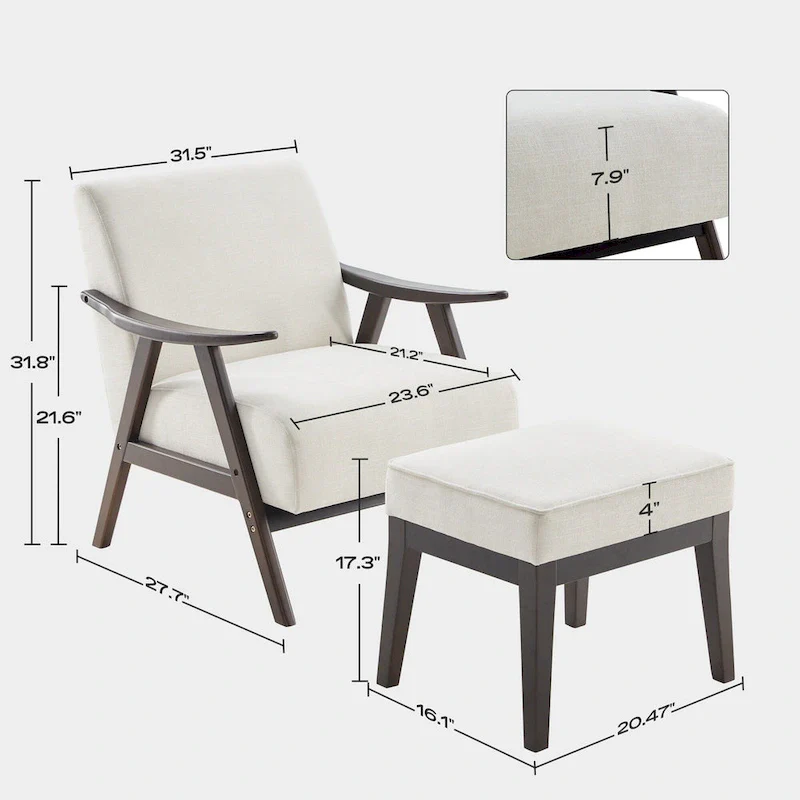 Mid Century 27.7 Upholstered Arm Chair with Solid Wood Frame and Ottoman