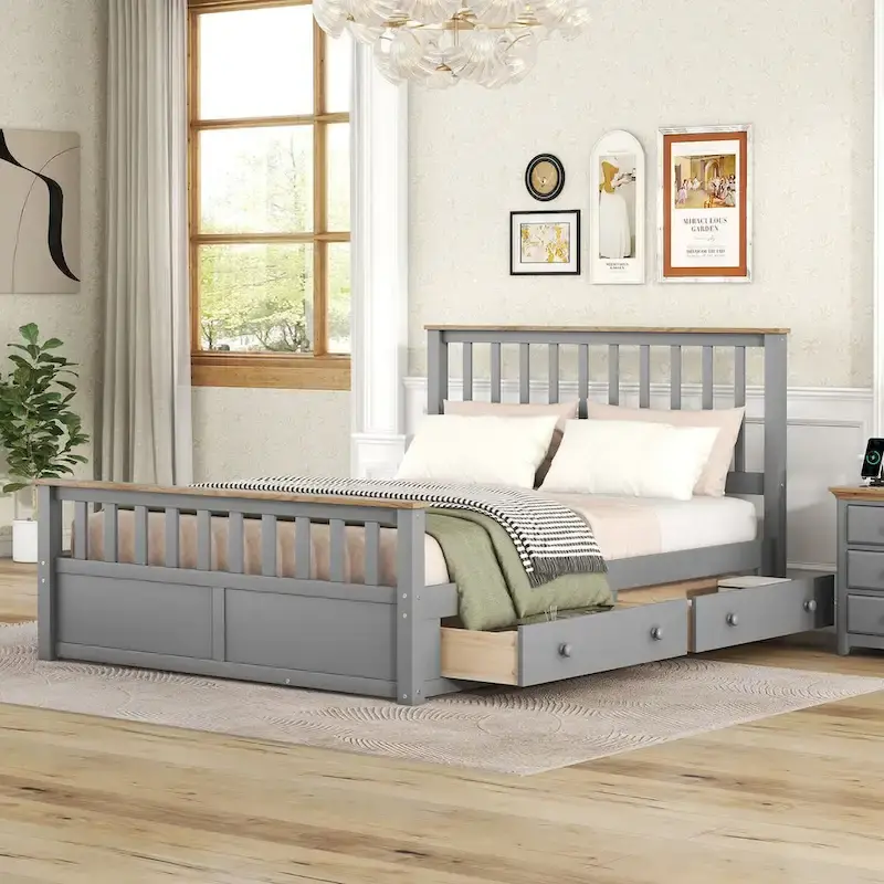 Wood Platform Bed with 2 Drawers and Wooden Slat Support