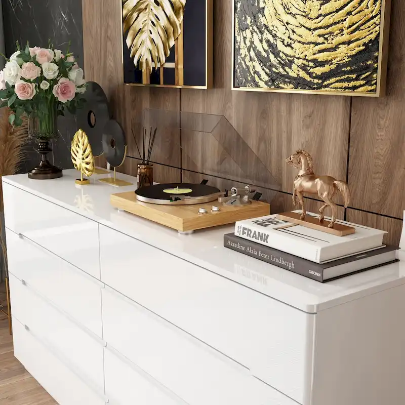 8 Drawer Double Dresser Dresser w/High Gloss Drawers Dual Chest Light