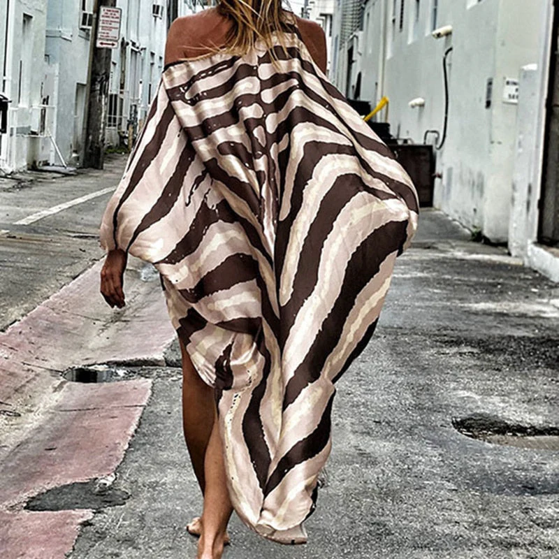 Summer Print Beach Dress Women Off Shoulder Cover-Ups Fashion Long Pareos Oversized Boho Dress Loose Swimsuit Cover-Ups Robe - Deanwangkt
