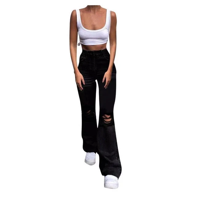 Hulianfu new style micro-bladed jeans women's ripped European and American high-waisted wide-leg flared trousers all-match loose - Deanwangkt