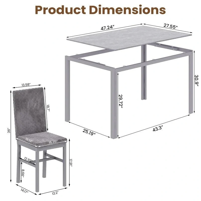 Grondin Modern Style 5-Piece Dining Room Table Set with Tempered Glass Tabletop and 4 Diamond Stitching PU Leather Dining Chairs