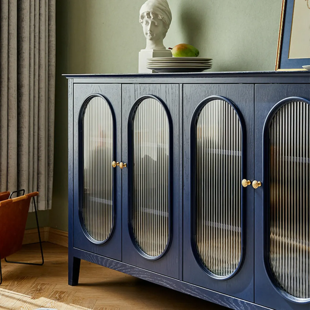 Scandinavian Oak Wooden Oval Fluted Glass Utility Cabinet