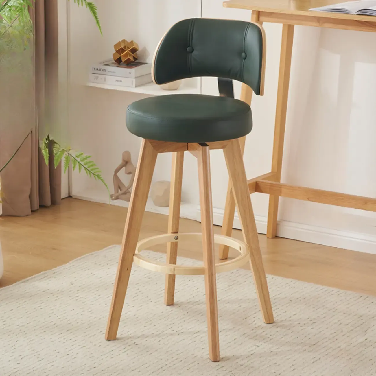 Natural Wood Round Leather Swivel Bar Stools