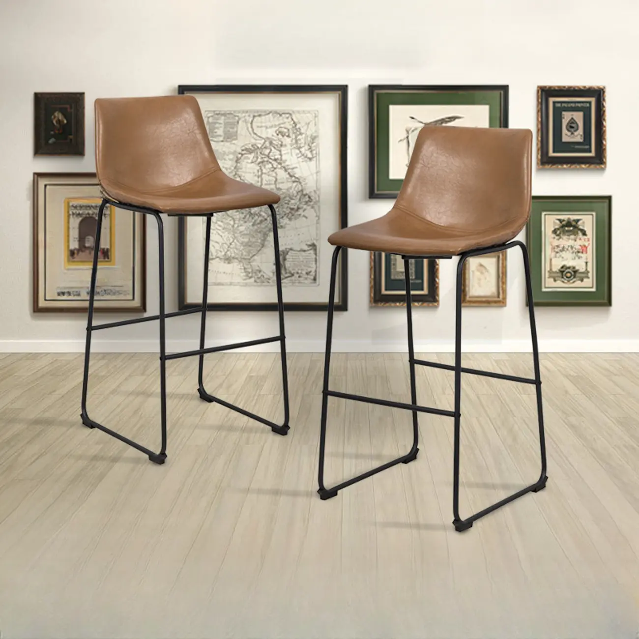 Modern Pedestal Upholstered Leather Counter Height Bar Stools