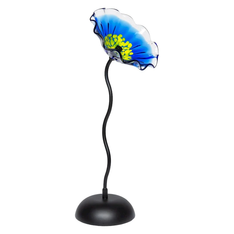 Fiore Bloom 23 IN Tall Blue Flower Art Glass Sculpture with Metal Stand