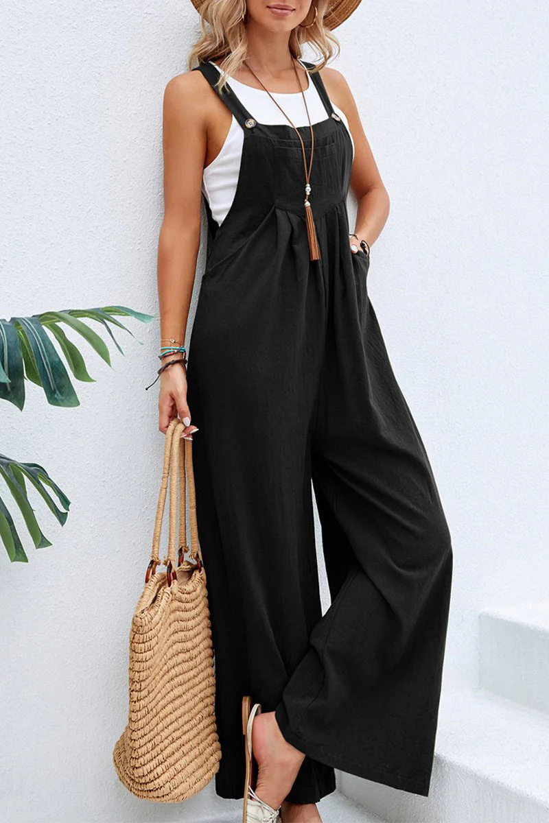 hulianfu Casual Vacation Solid Buttons Square Collar Loose Jumpsuits(10 Colors) - Deanwangkt