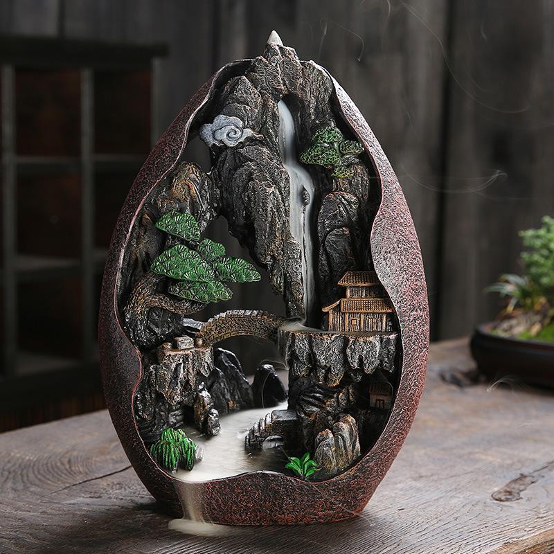 HULIANFU Mountain River Waterfall Incense Burner Creative Home Decor Incense Holder Portable Resin Smoke Backflow Censer Handicrafts - Deanwangkt