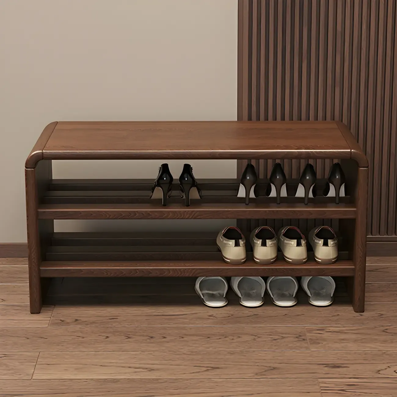 Entryway Brown Solid Wood 3-Tier Shoe Rack Bench