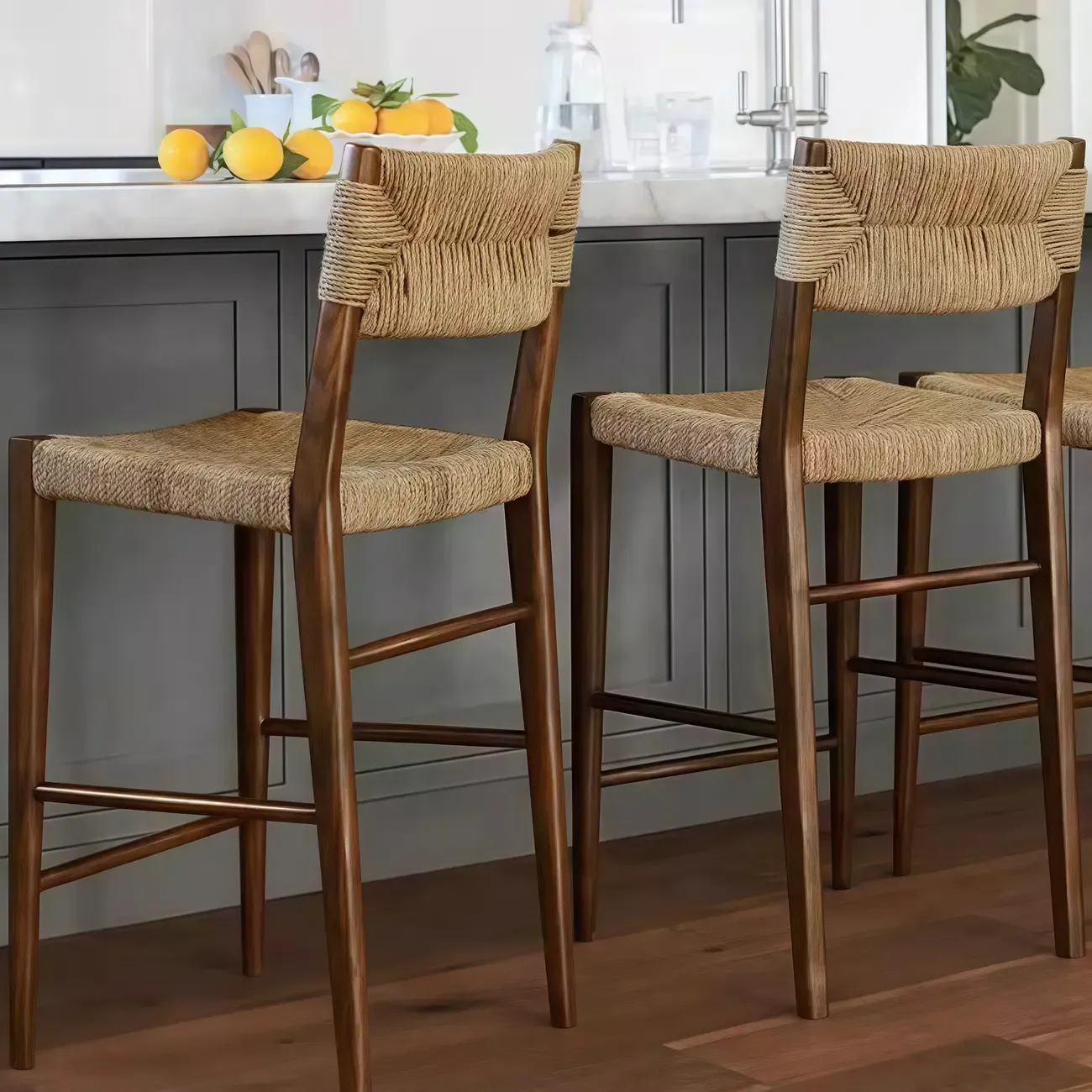 Natural Wood Woven Seat Low Back Bar Stools