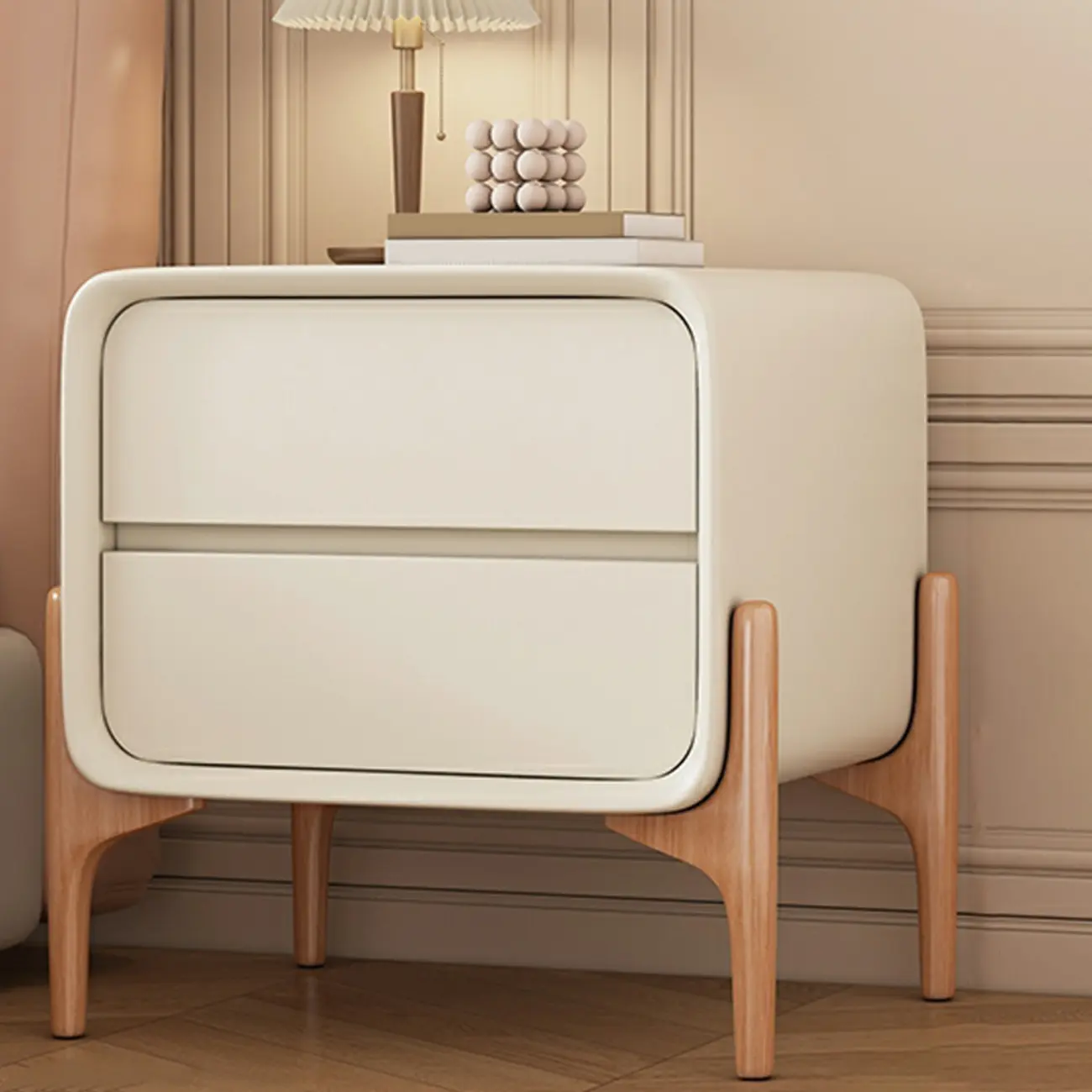 Simple Curved Wooden Faux Leather 2 Drawer Nightstand