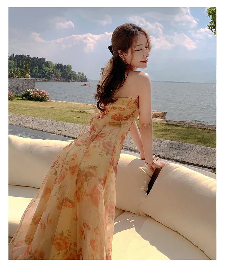 Hulianfu French Vintage Dress Women Elegant Backless Floral Halter Neck Midi Dress Summer Chiffon Holiday Beach Dresses for Women - Deanwangkt