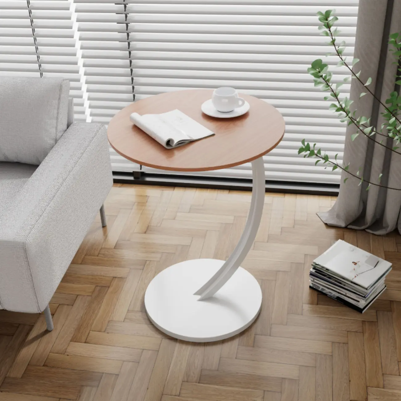 Modern Wood Round Top Triangular Silver Side Table