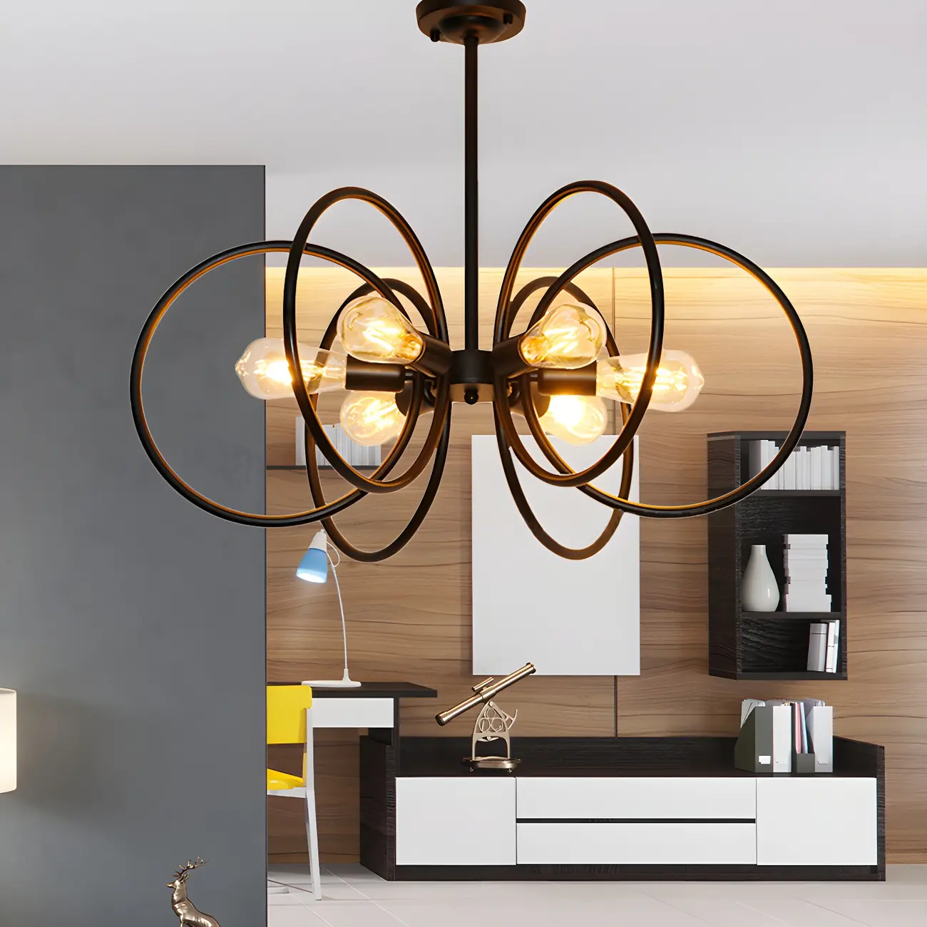 Industrial Black Metal Ring 6-Light Chandelier