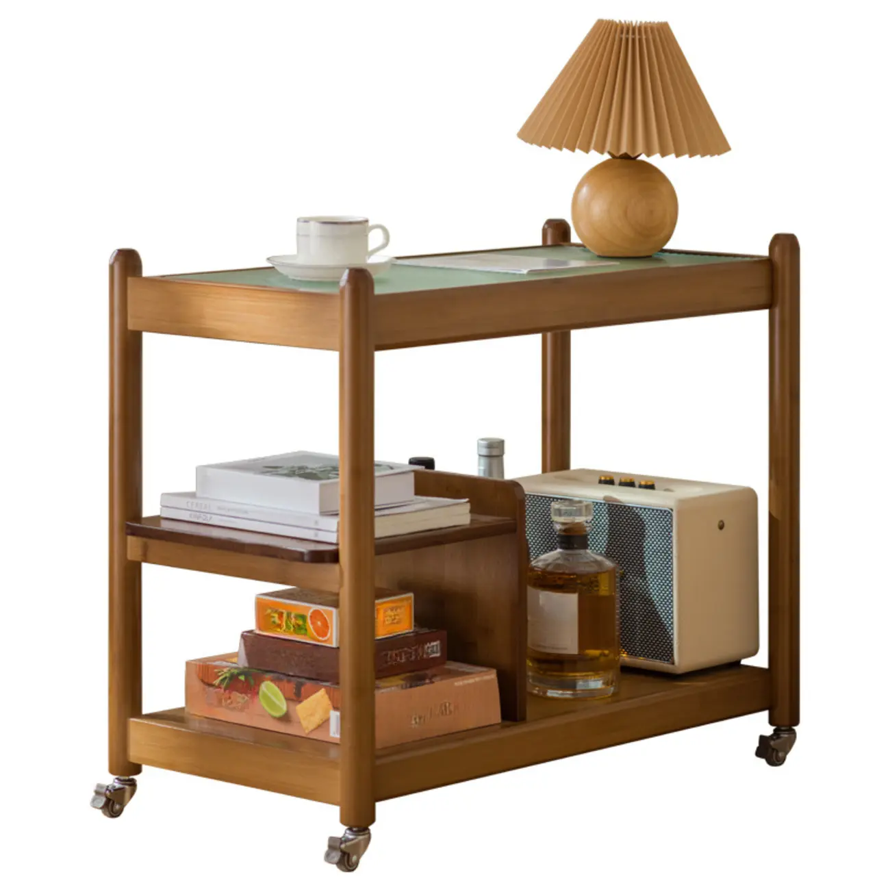 Rectangular Wide Nut-Brown Glass Top Side Table with Wheels