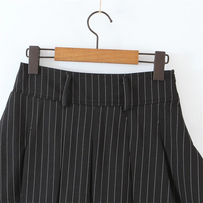Hulianfu New Spring Summer Chic Vintage Preppy Style Striped High-Waist Pleated Mini Skirt Thin Hot Girl A-Line Skirt Women Fashion - Deanwangkt